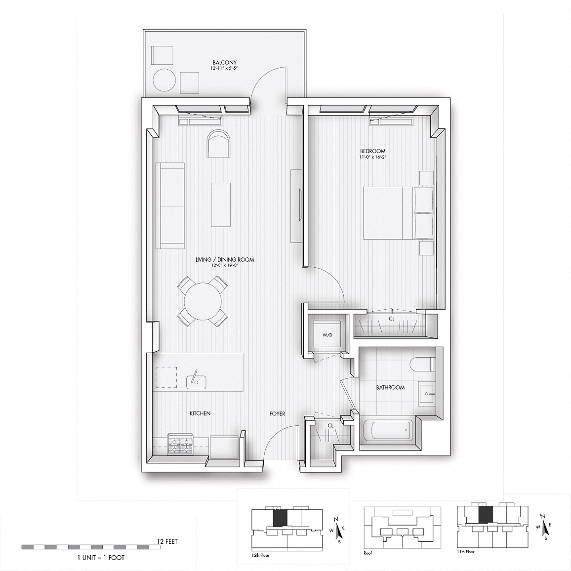 Floor plan for 1 bed, 1 bath, 705 sqft